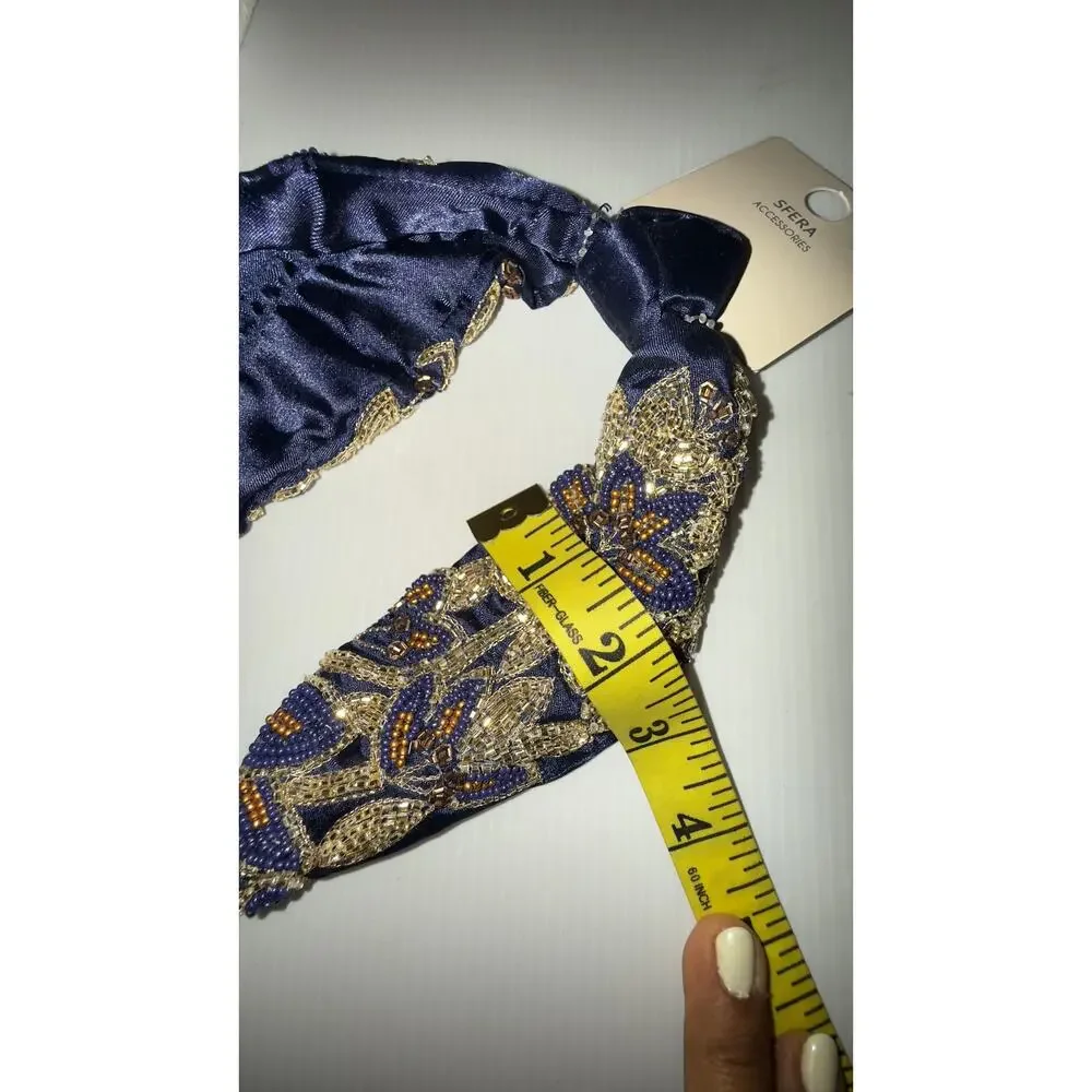 Embellished Beaded Floral Knot Headband – Navy Blue & Gold NWT